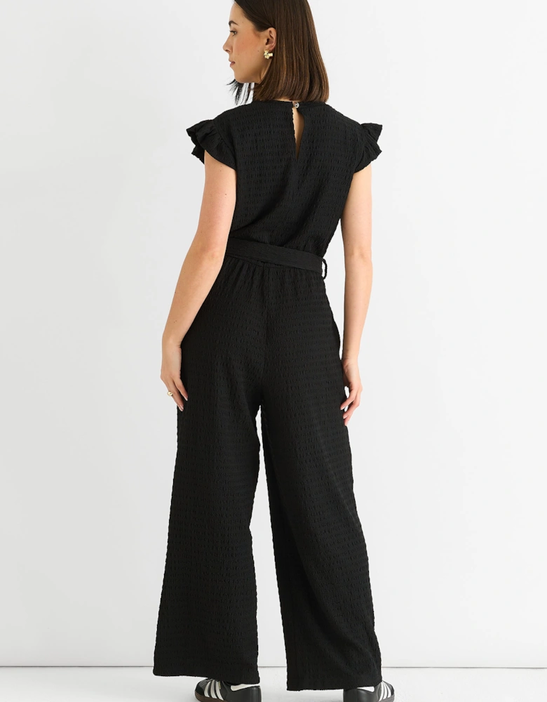 Black Stretch Texture Frill Elasticated Waist Jumpsuit