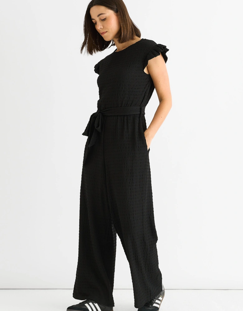 Black Stretch Texture Frill Elasticated Waist Jumpsuit