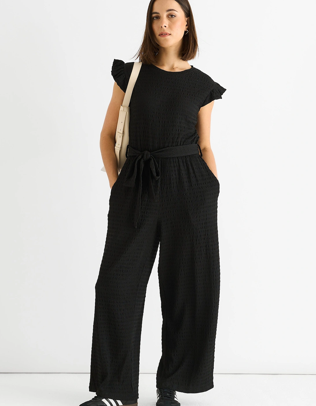 Black Stretch Texture Frill Elasticated Waist Jumpsuit, 5 of 4