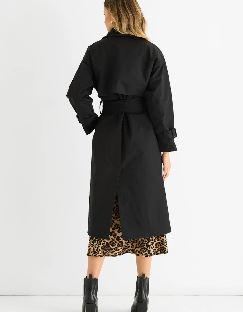 Black Double Breast Longline Belted Trench Coat
