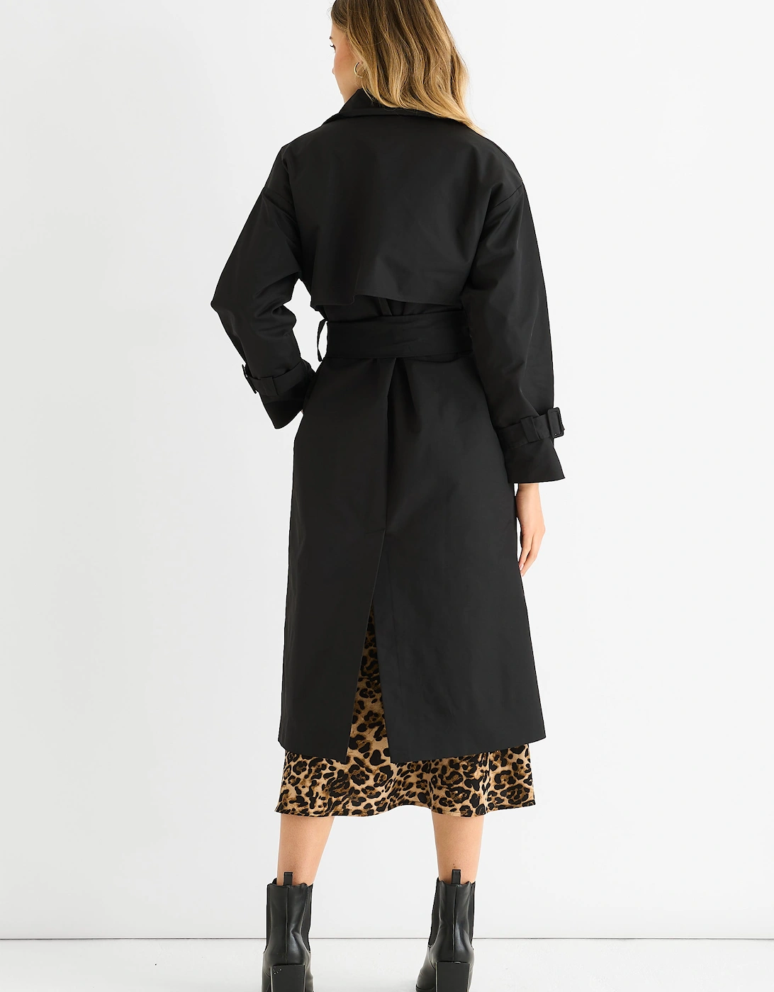 Black Double Breast Longline Belted Trench Coat