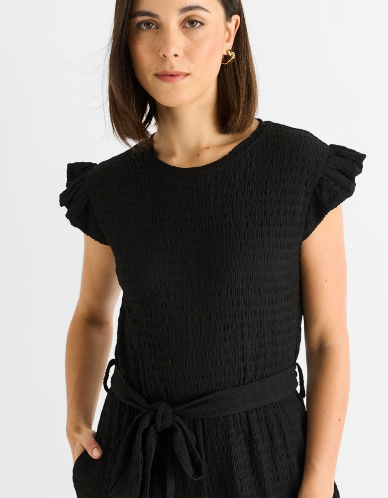 Black Stretch Texture Frill Elasticated Waist Jumpsuit
