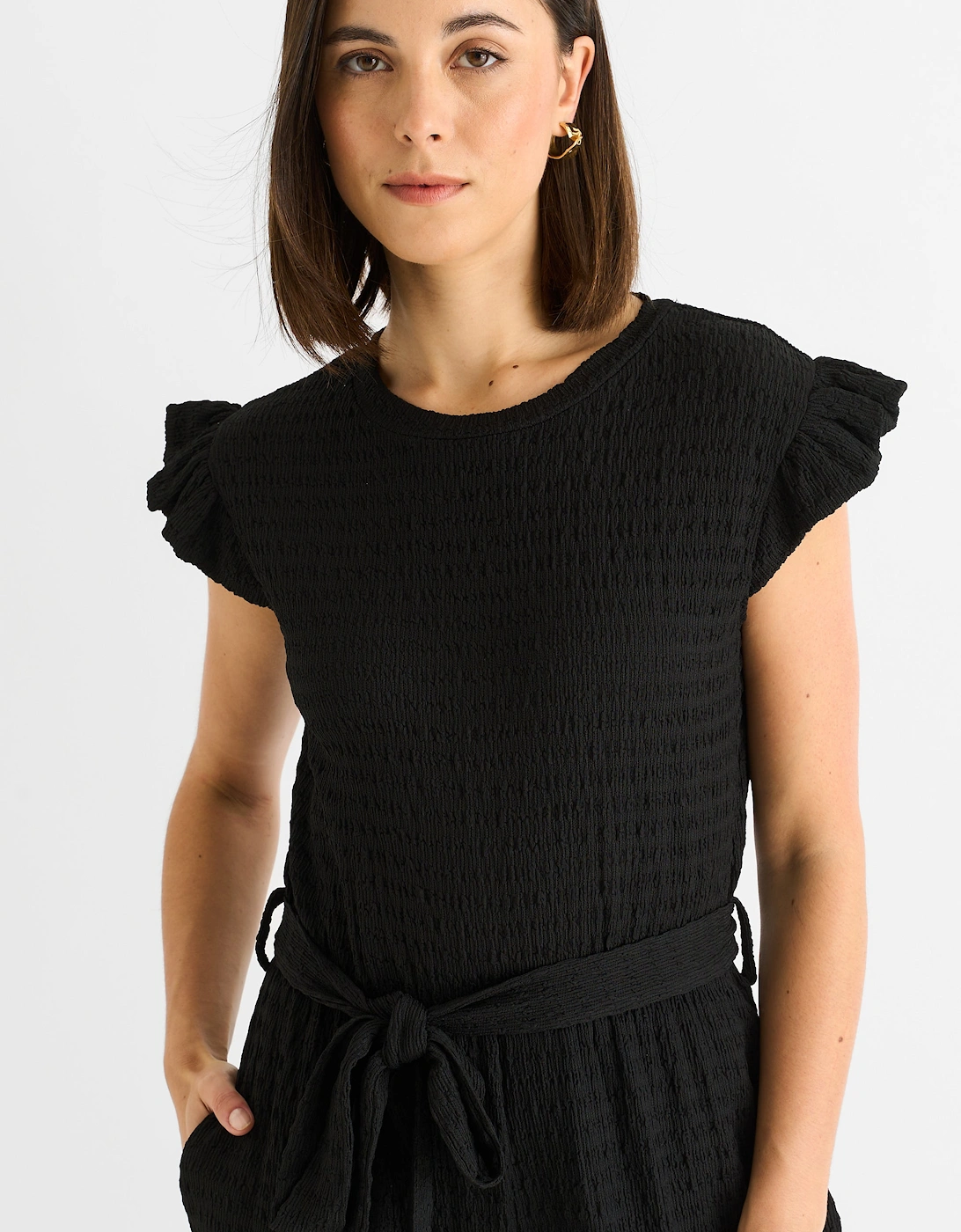 Black Stretch Texture Frill Elasticated Waist Jumpsuit