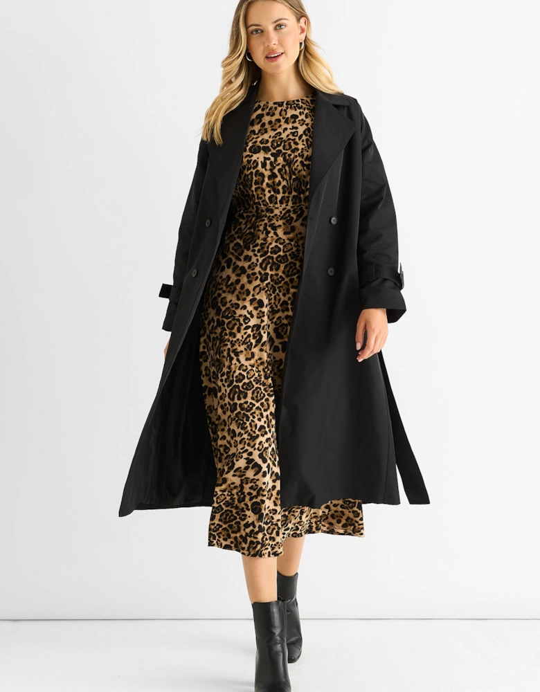 Black Double Breast Longline Belted Trench Coat