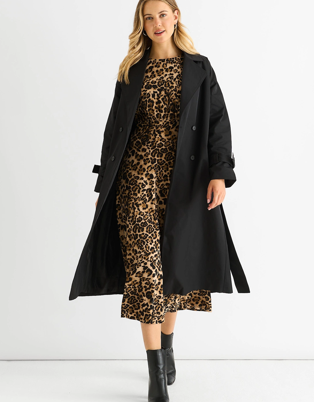 Black Double Breast Longline Belted Trench Coat