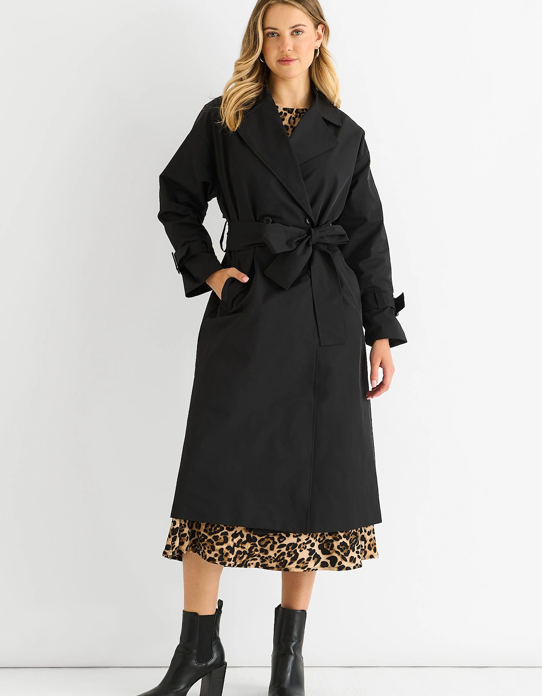 Black Double Breast Longline Belted Trench Coat, 5 of 4