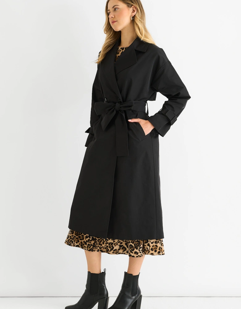 Black Double Breast Longline Belted Trench Coat