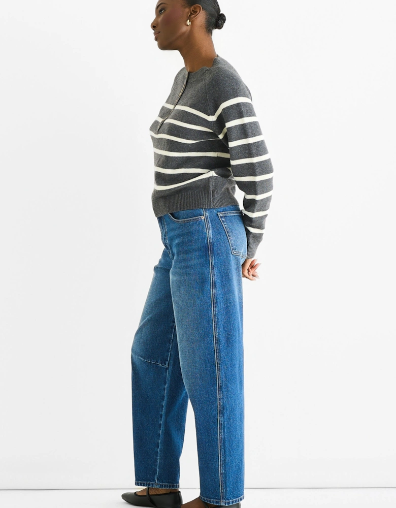 Grey Recycle Stripe Button Up Loose Fit Knit Jumper