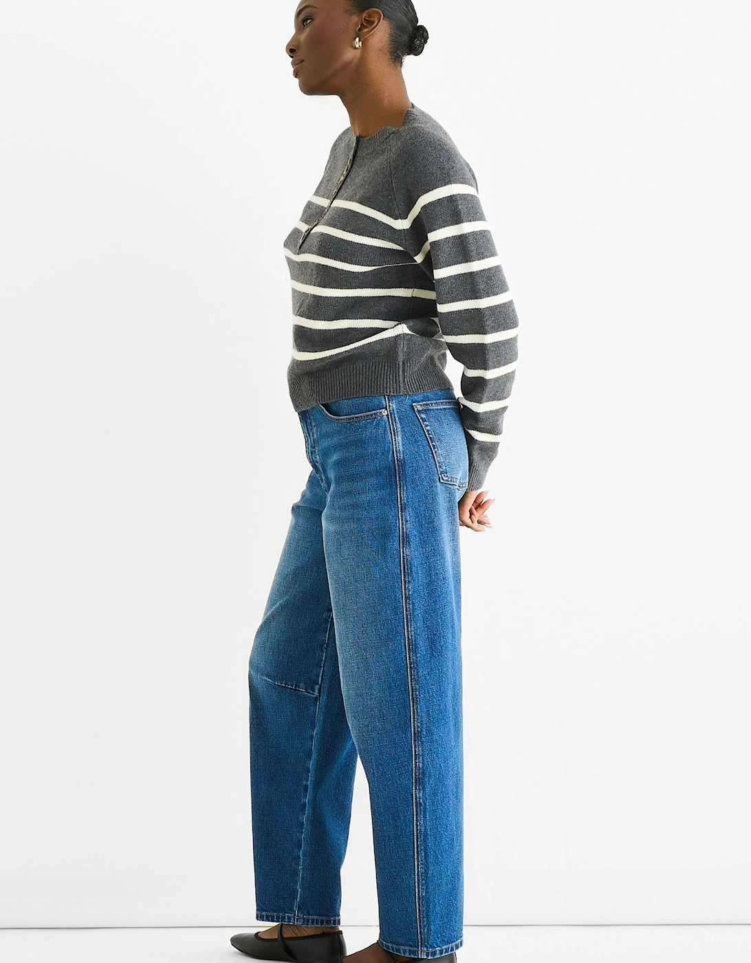 Grey Recycle Stripe Button Up Loose Fit Knit Jumper