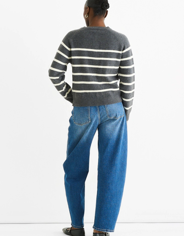 Grey Recycle Stripe Button Up Loose Fit Knit Jumper