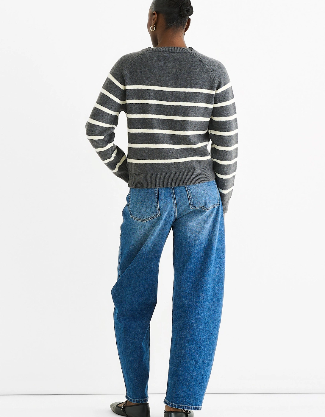 Grey Recycle Stripe Button Up Loose Fit Knit Jumper