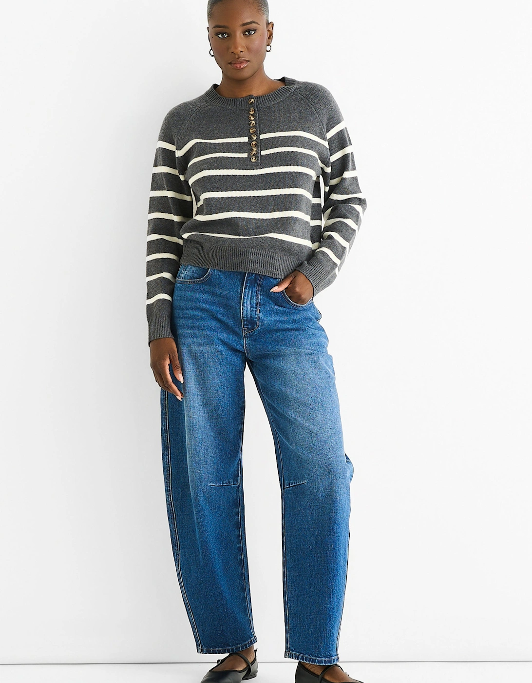 Grey Recycle Stripe Button Up Loose Fit Knit Jumper, 5 of 4