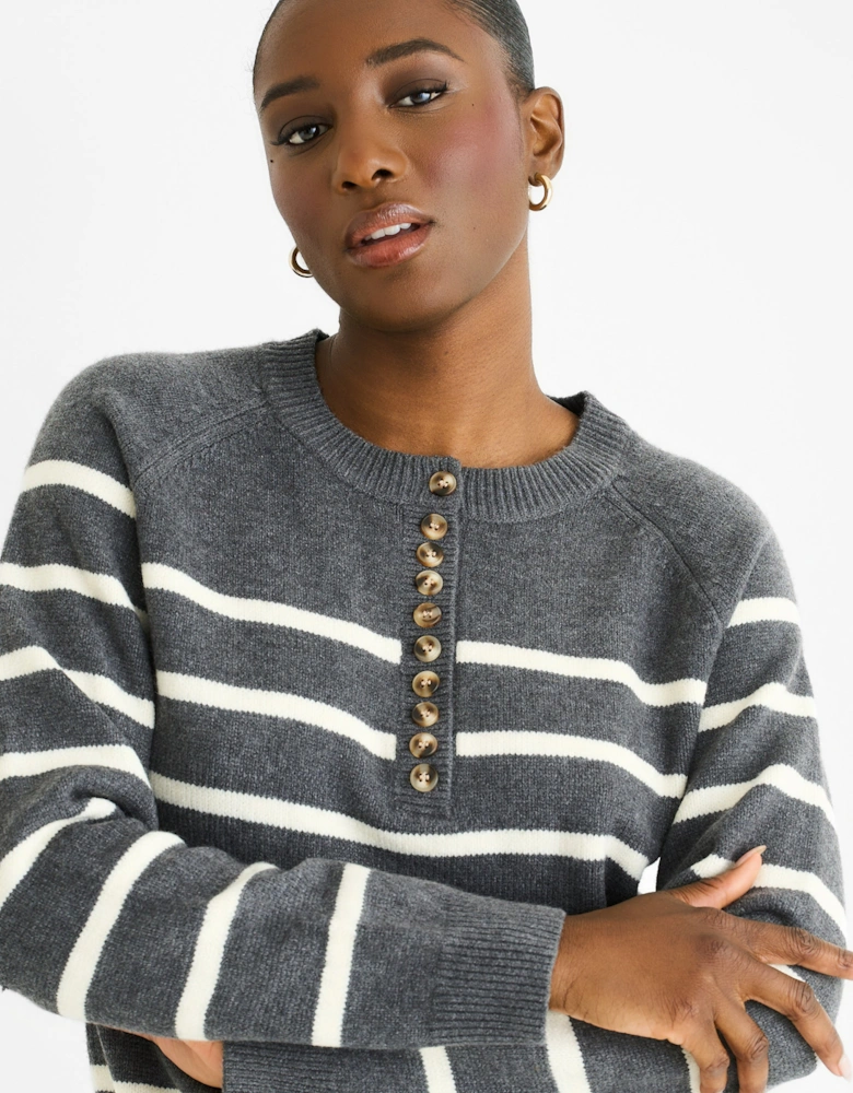 Grey Recycle Stripe Button Up Loose Fit Knit Jumper