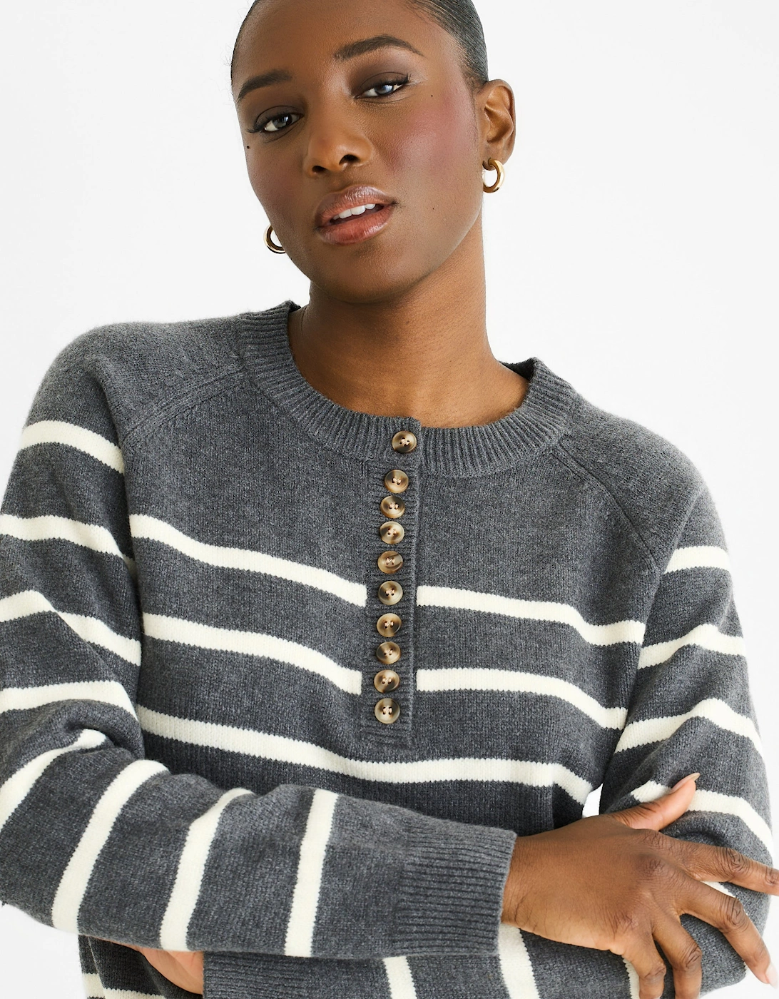 Grey Recycle Stripe Button Up Loose Fit Knit Jumper