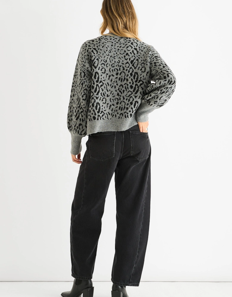 Grey Animal Print Wool Mix Cardigan Look Jumper