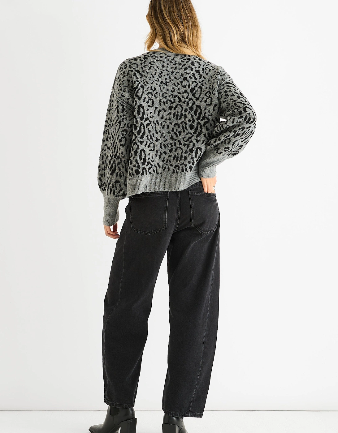 Grey Animal Print Wool Mix Cardigan Look Jumper