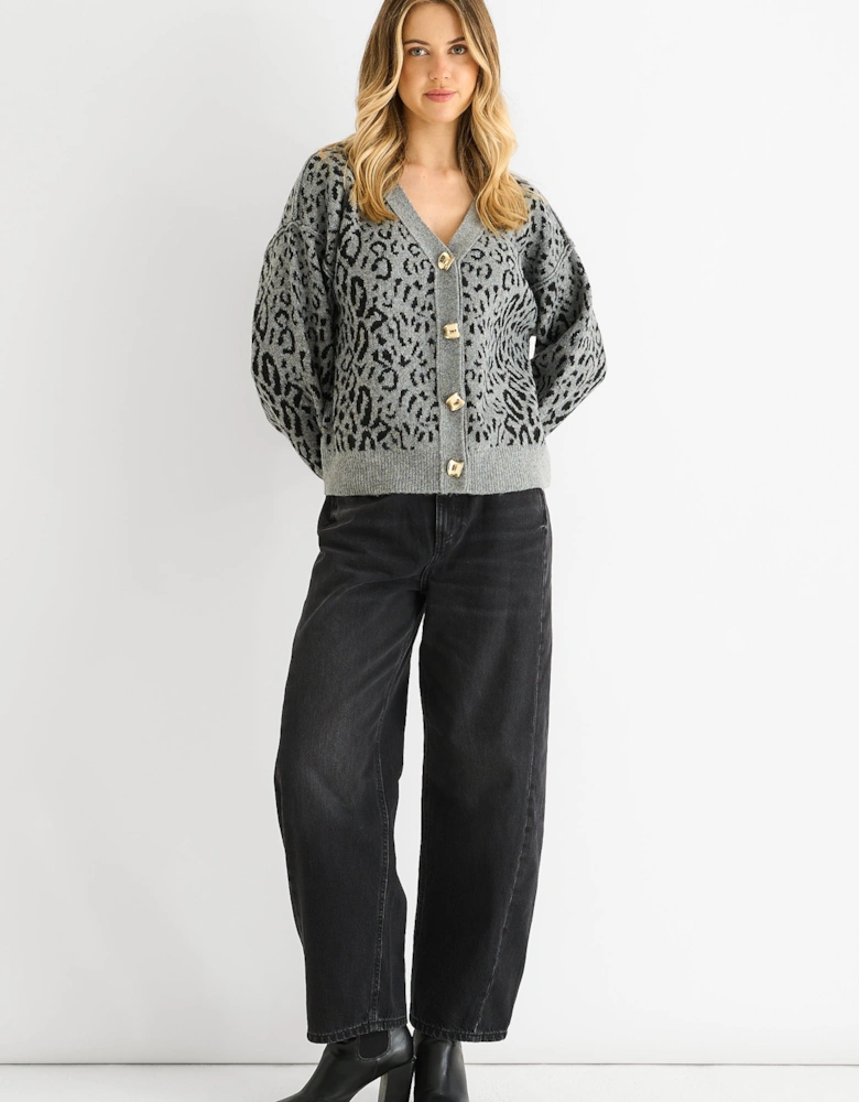 Grey Animal Print Wool Mix Cardigan Look Jumper