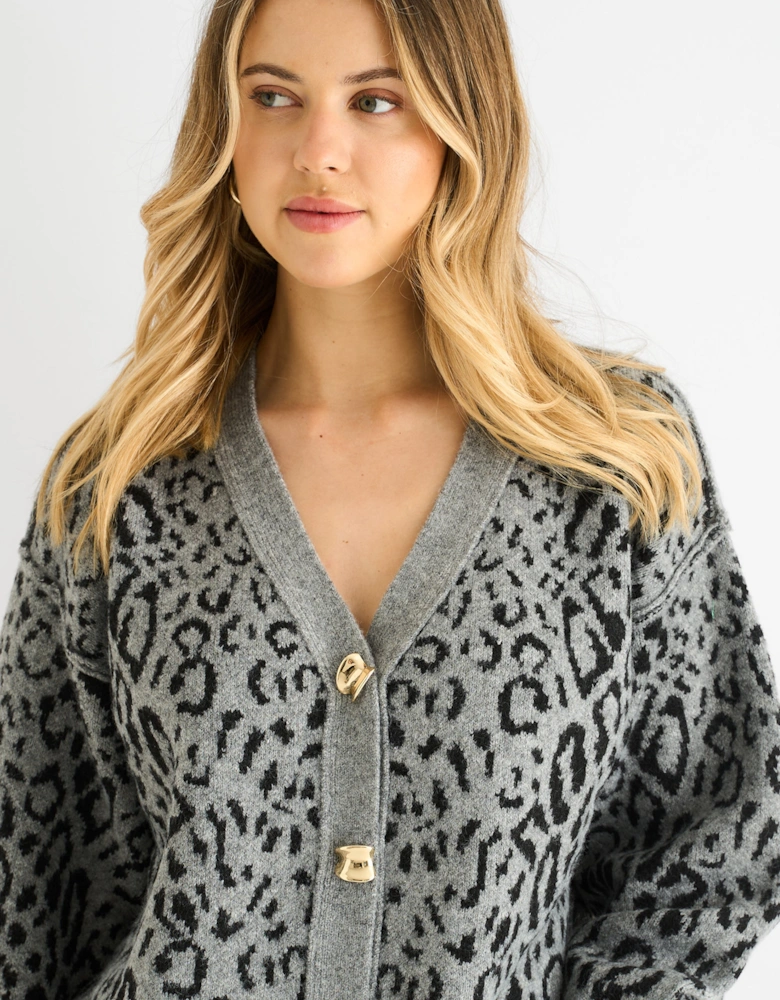 Grey Animal Print Wool Mix Cardigan Look Jumper