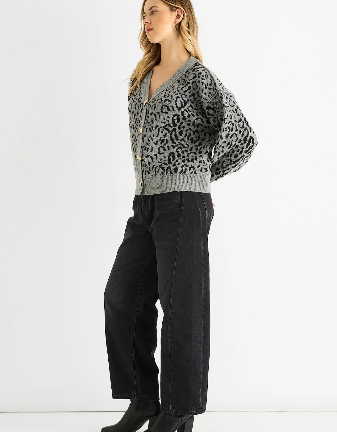 Grey Animal Print Wool Mix Cardigan Look Jumper