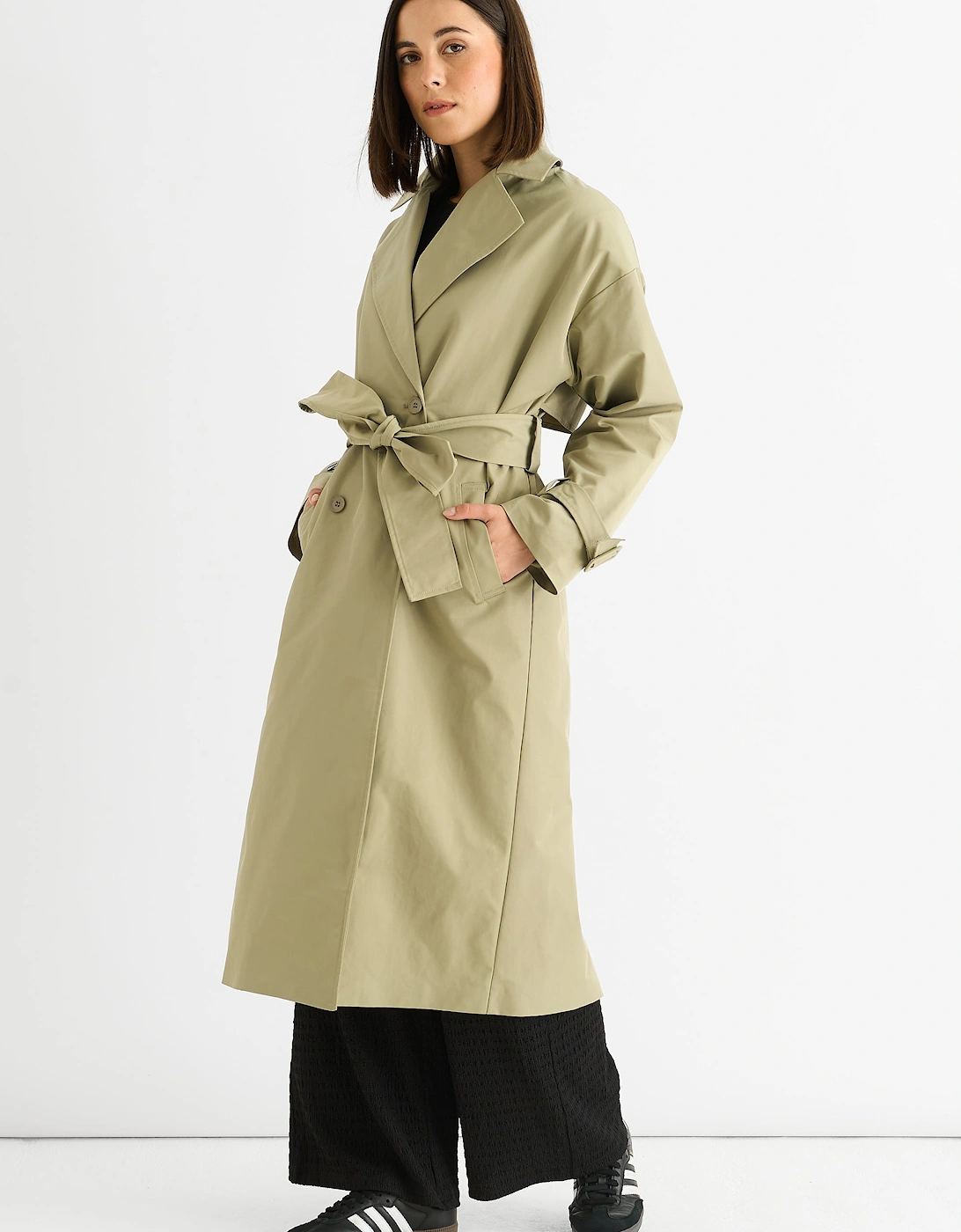 Sage Green Double Breast Longline Belted Trench Coat