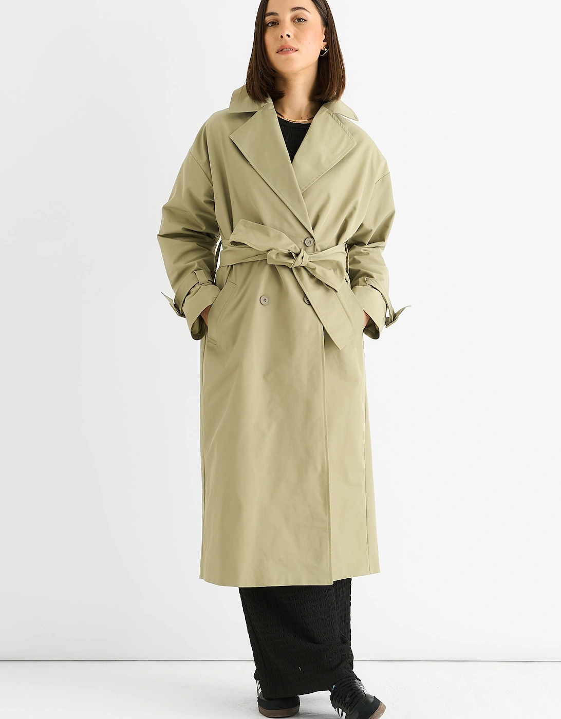 Sage Green Double Breast Longline Belted Trench Coat, 5 of 4