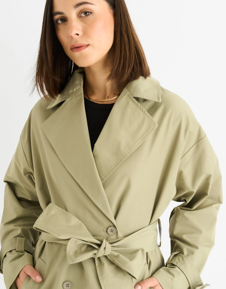 Sage Green Double Breast Longline Belted Trench Coat