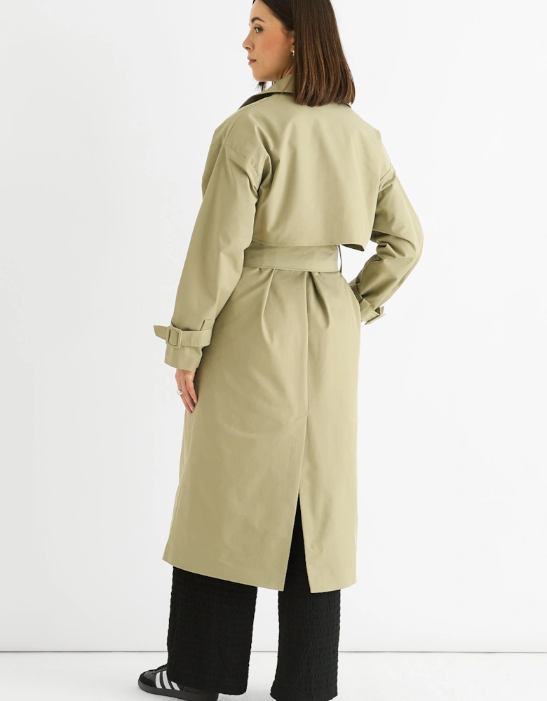 Sage Green Double Breast Longline Belted Trench Coat