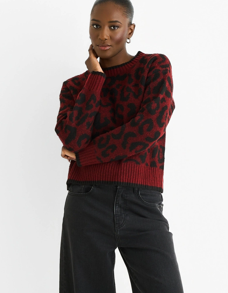 Burgundy Contrast Piping Animal Knit Jumper