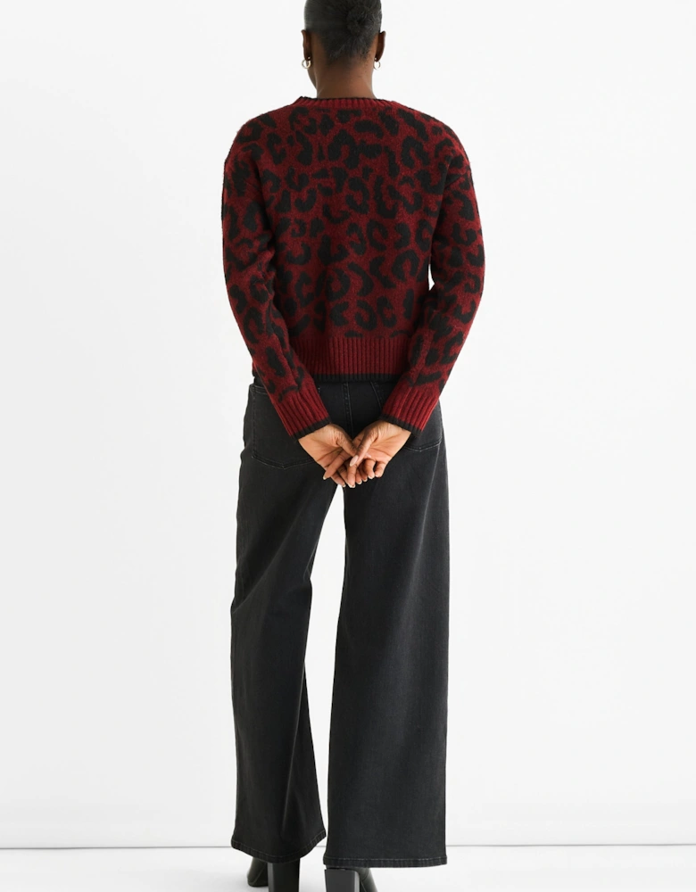 Burgundy Contrast Piping Animal Knit Jumper