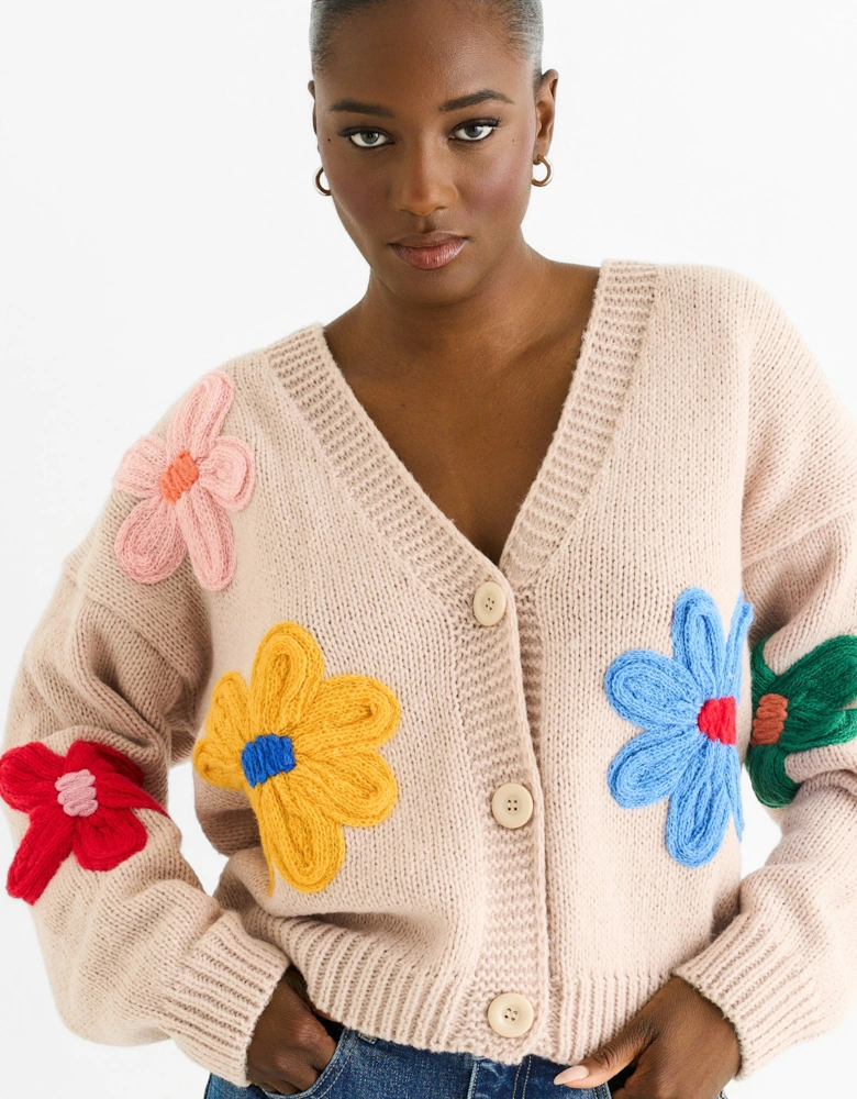Camel Floral Knit Long Sleeves Cardigan