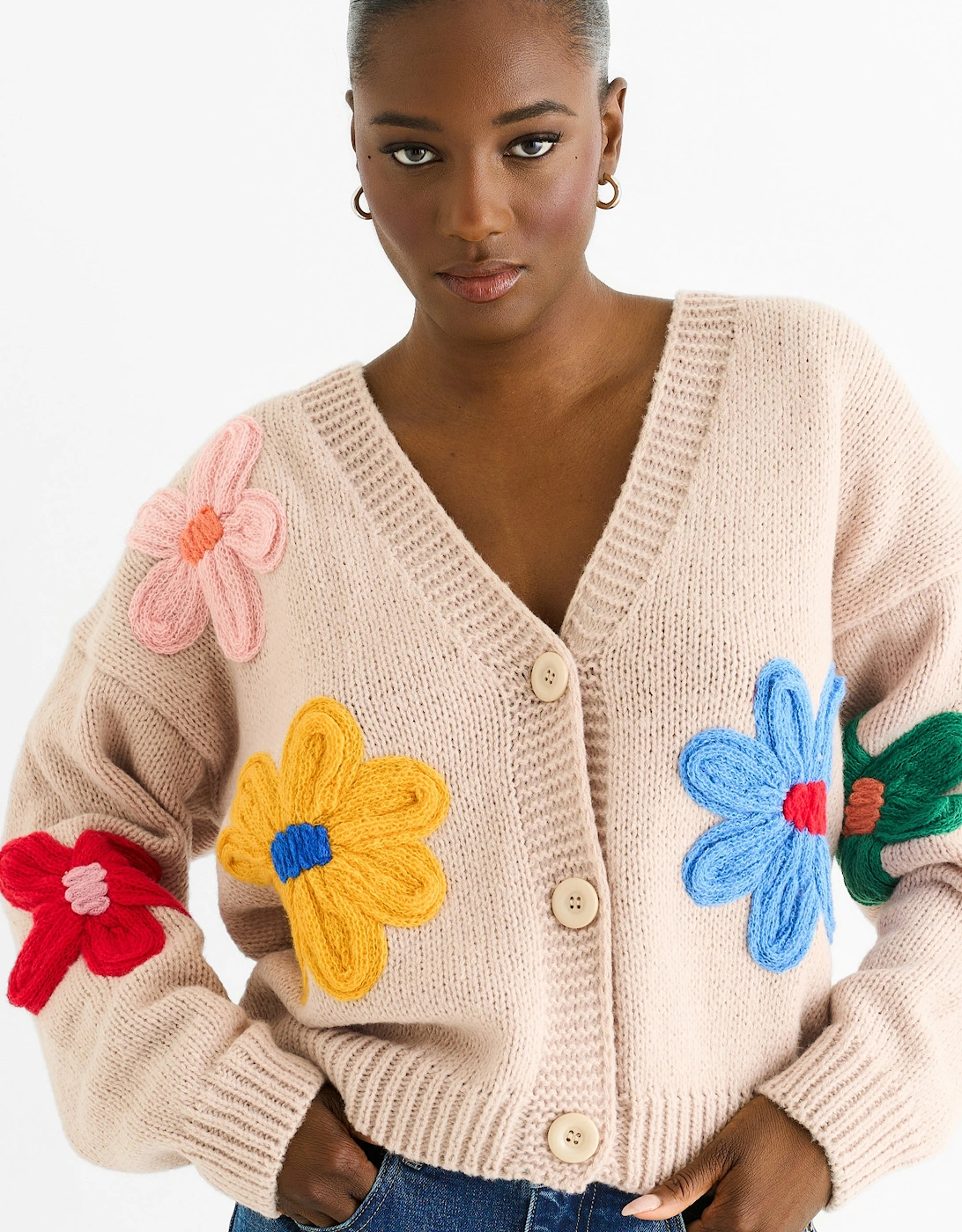 Camel Floral Knit Long Sleeves Cardigan