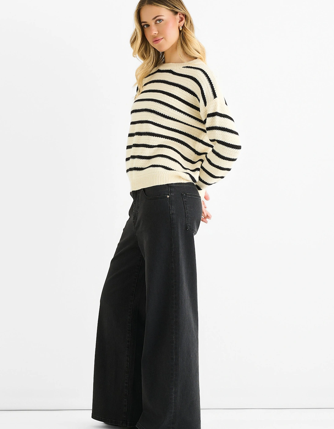Gini London Women's Beige Stripe Chunky Knit Oversized Jumper Large - Image 2