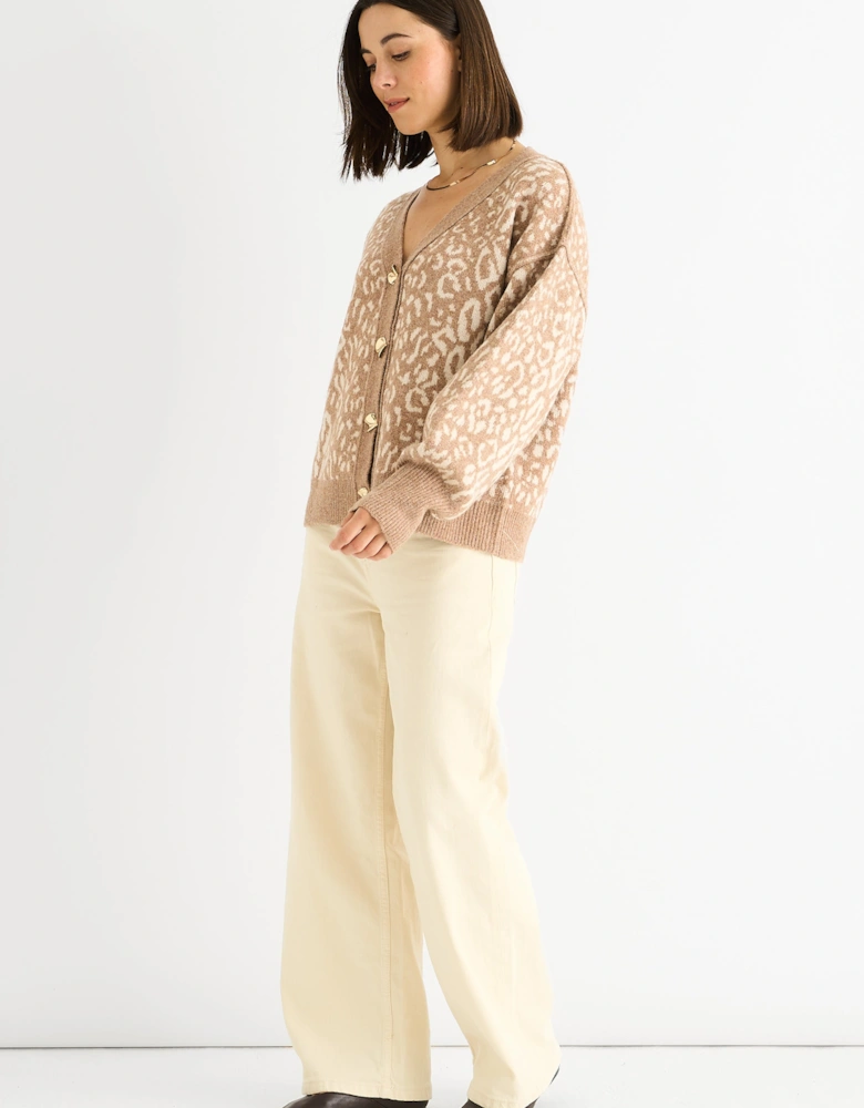 Camel Animal Print Wool Mix Cardigan Look Jumper