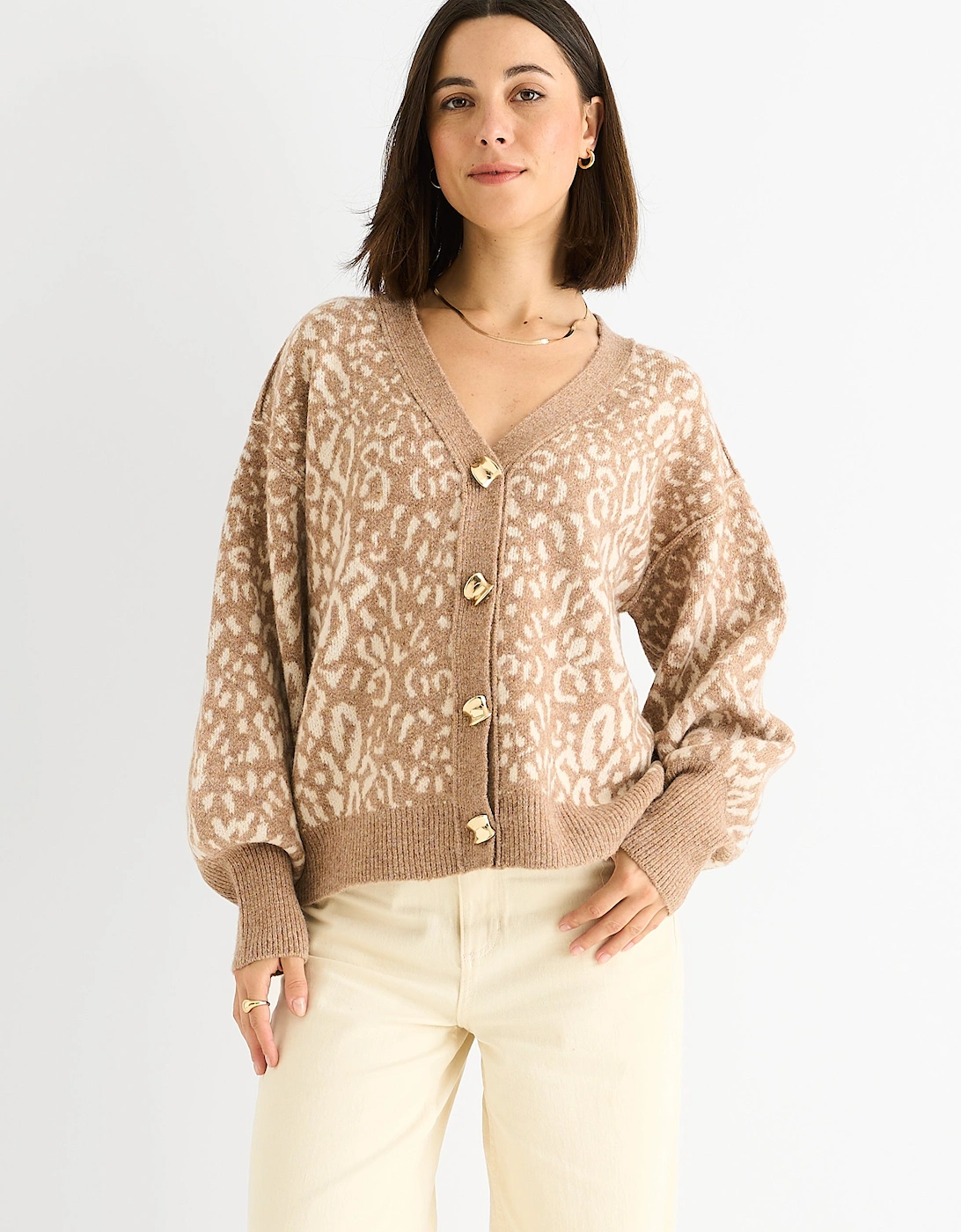 Camel Animal Print Wool Mix Cardigan Look Jumper