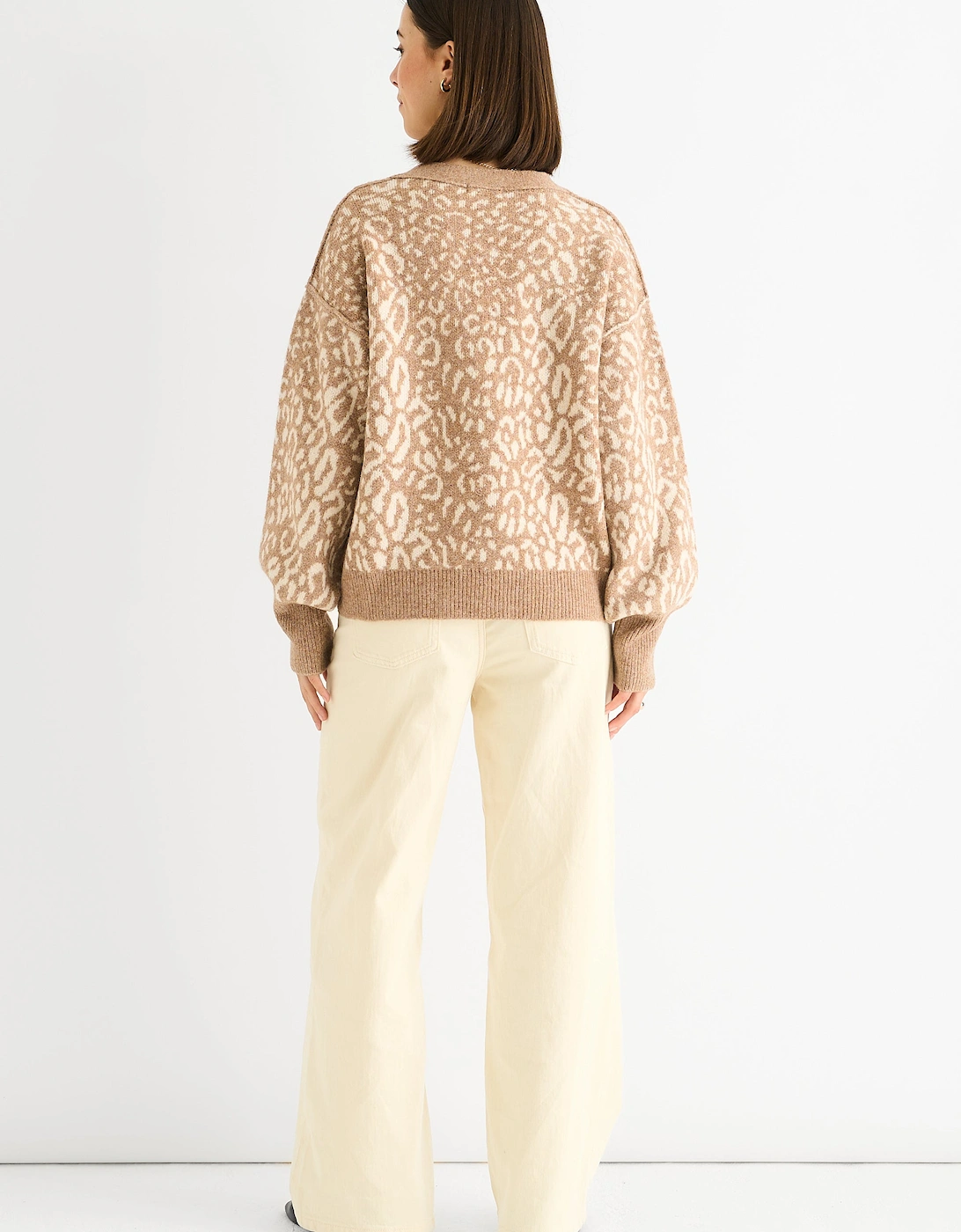 Camel Animal Print Wool Mix Cardigan Look Jumper