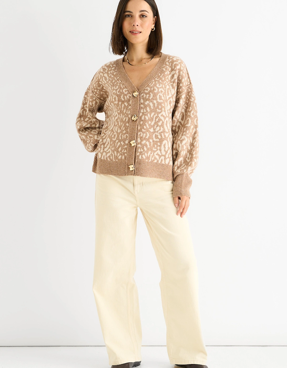 Gini London Women's Camel Animal Print Wool Mix Cardigan Look Jumper - Size: 8/10