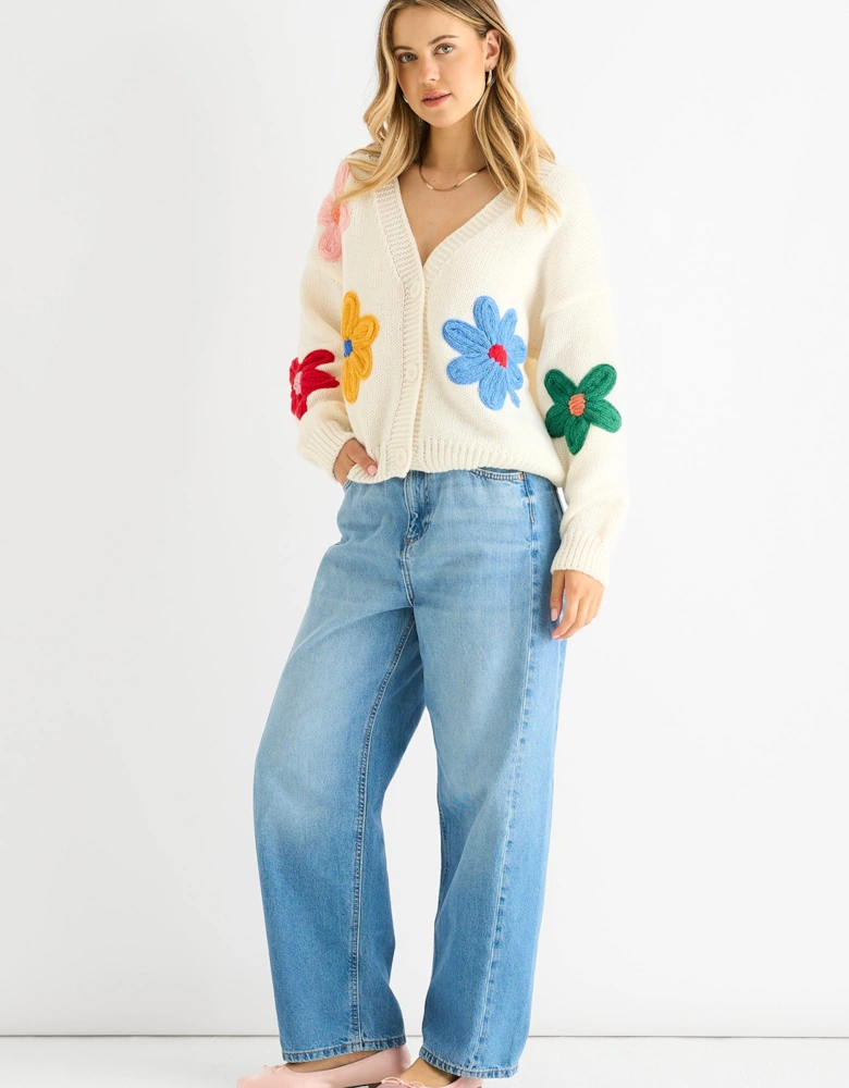 Cream Floral Knit Long Sleeves Cardigan
