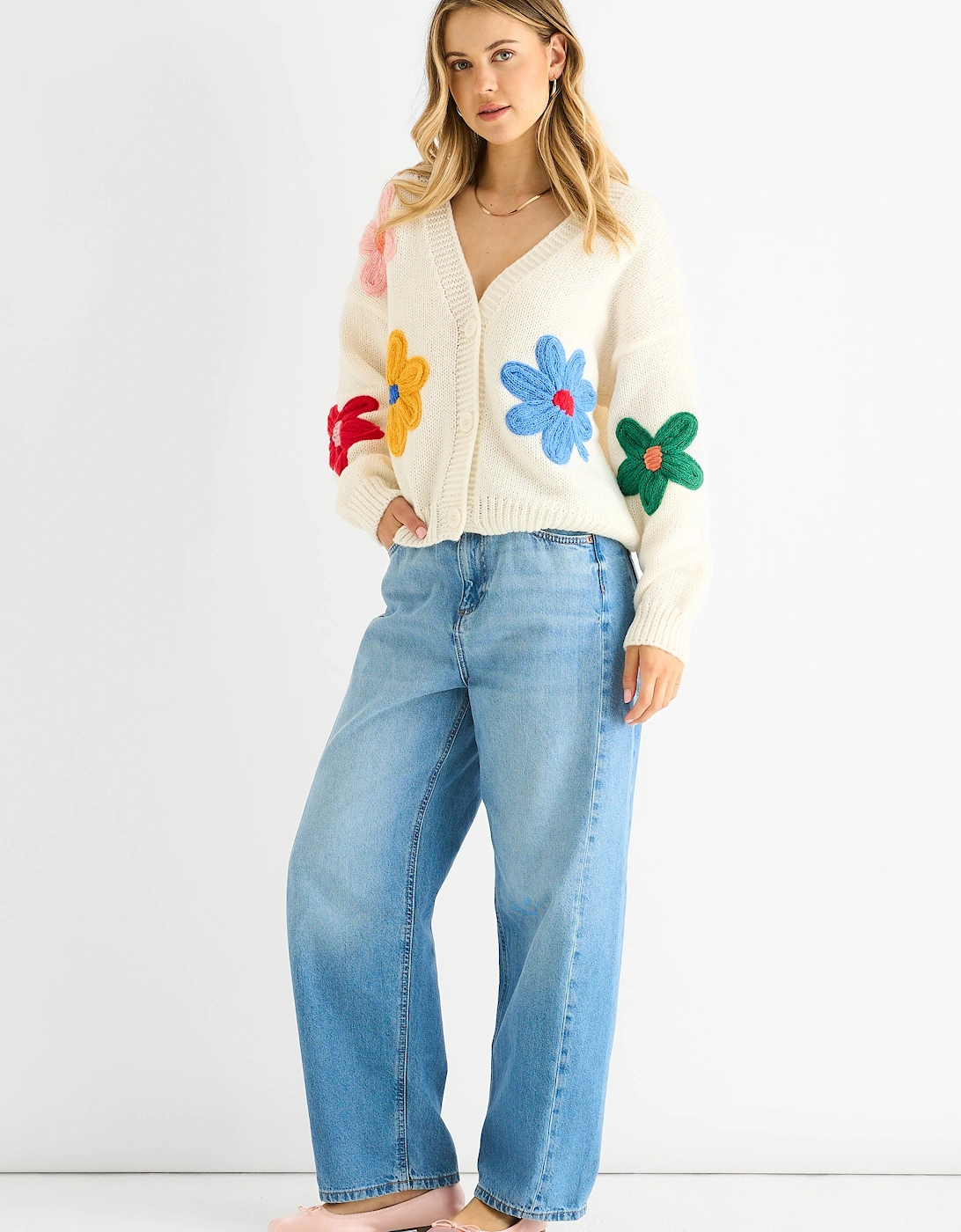 Cream Floral Knit Long Sleeves Cardigan, 5 of 4