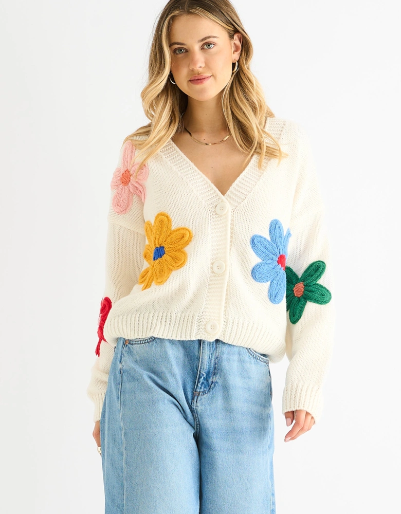 Cream Floral Knit Long Sleeves Cardigan
