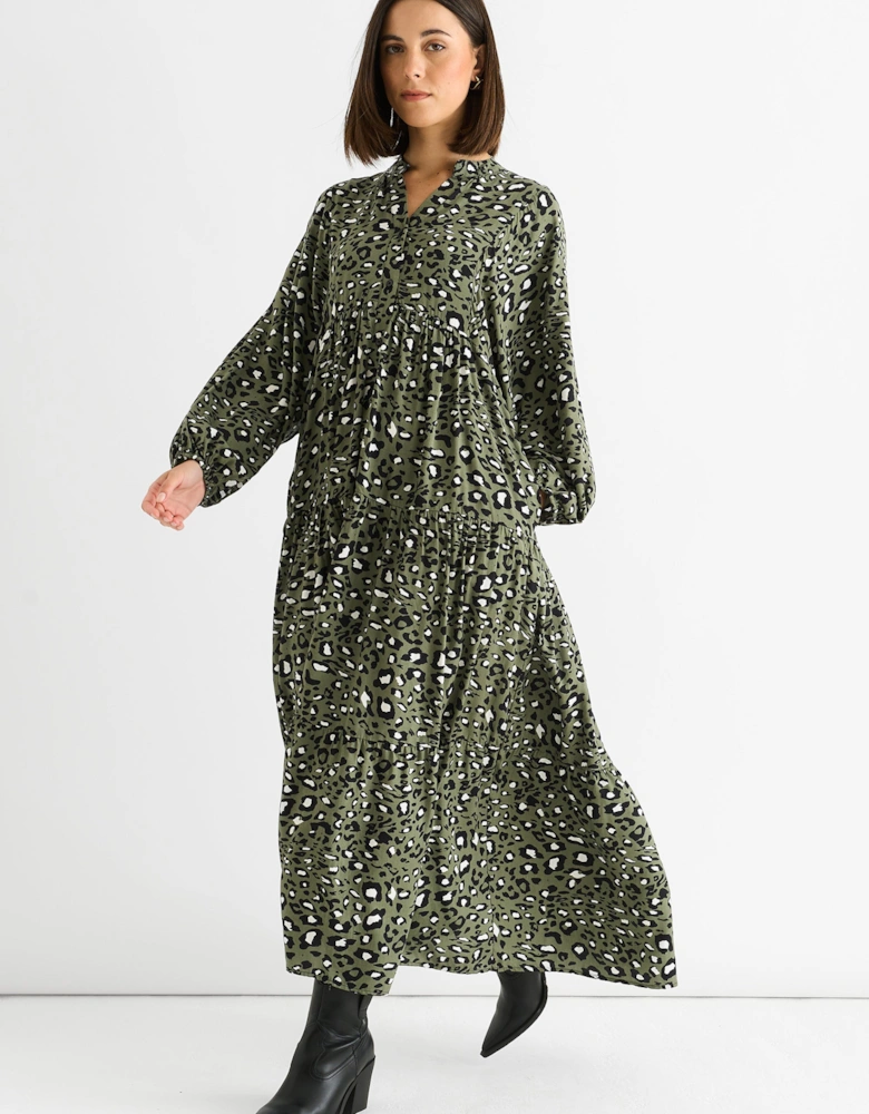 Khaki Viscose Animal Oversized Smock Maxi Dress