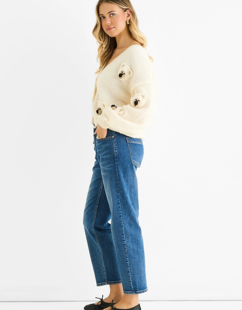 Cream 3D Contrast Teddy Crochet Cardigan