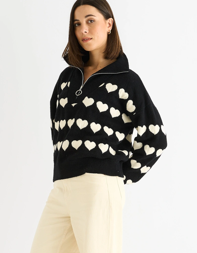 Black Heart Zip Up Loose Fit Knit Jumper