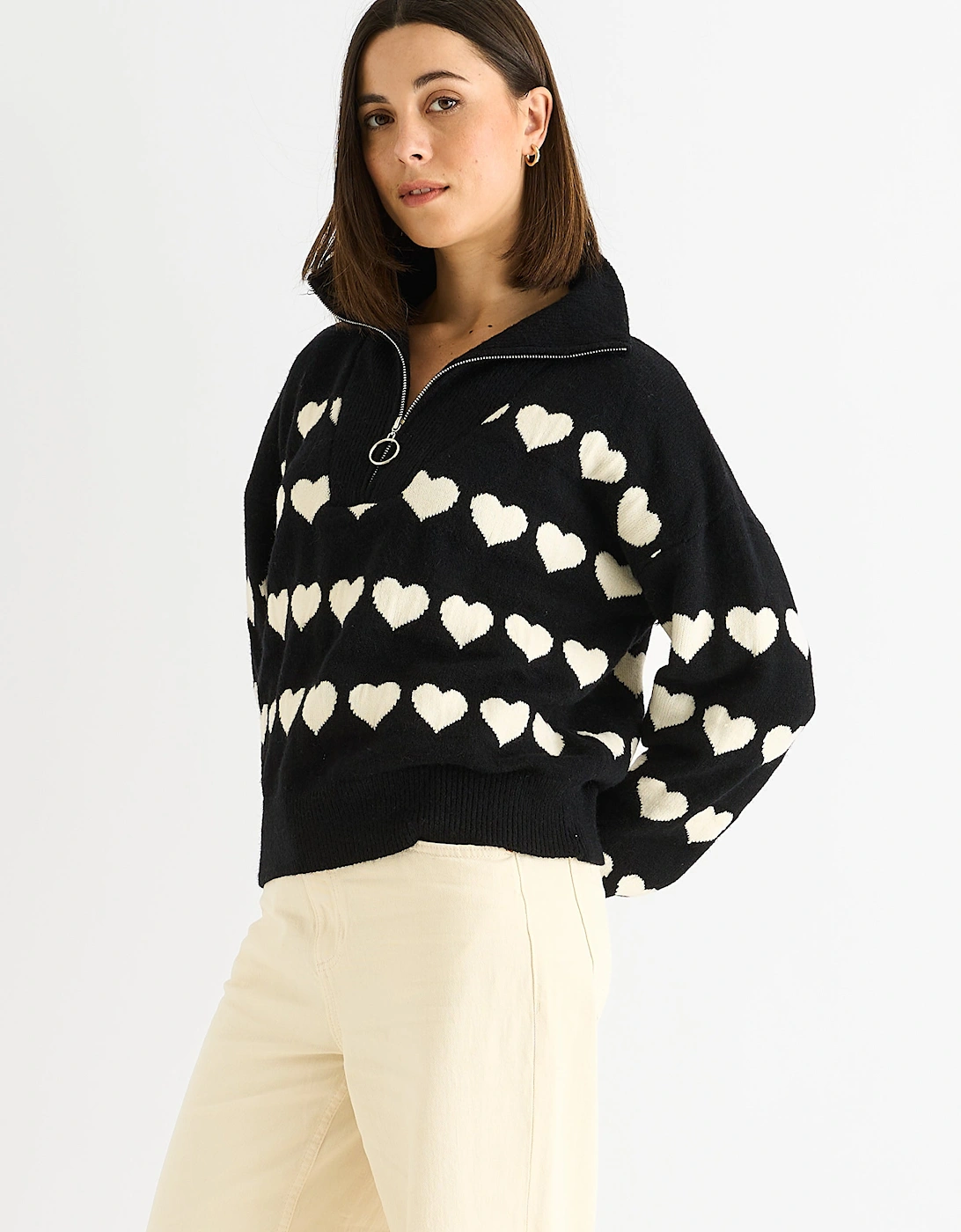 Black Heart Zip Up Loose Fit Knit Jumper