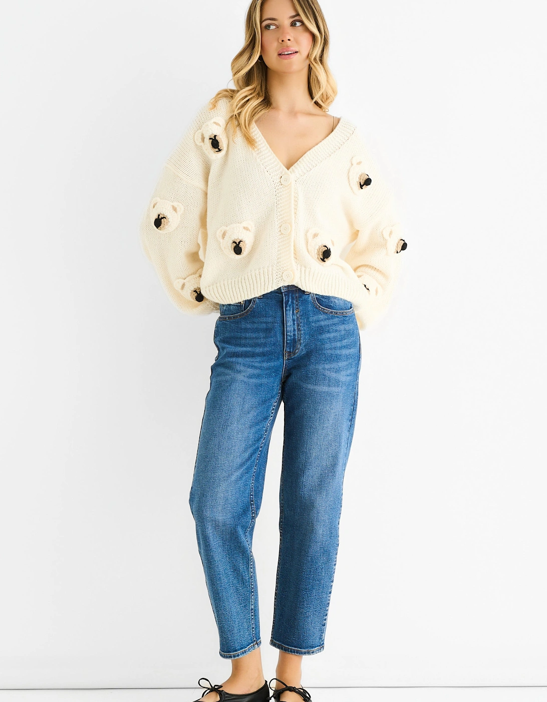 Cream 3D Contrast Teddy Crochet Cardigan, 5 of 4