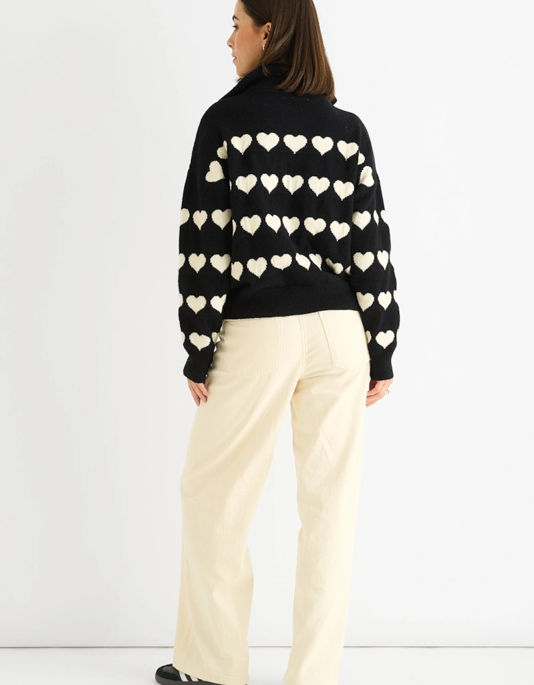 Black Heart Zip Up Loose Fit Knit Jumper