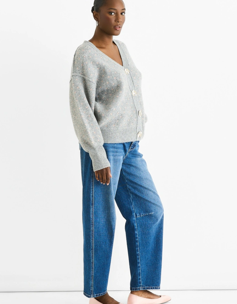 Grey Spot Print Button Cardigan Look Jumper