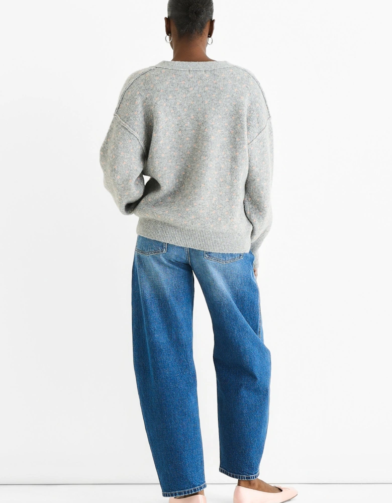 Grey Spot Print Button Cardigan Look Jumper