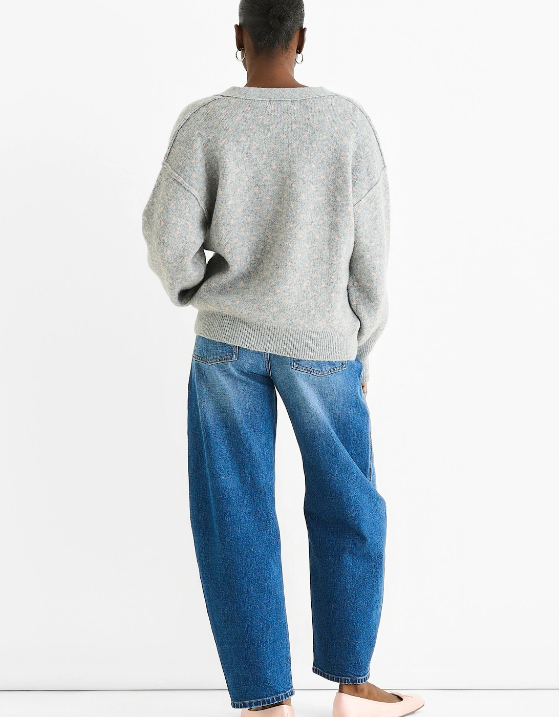 Grey Spot Print Button Cardigan Look Jumper