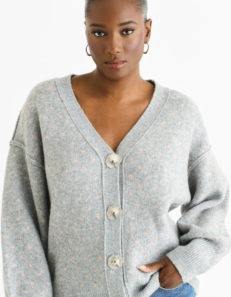 Grey Spot Print Button Cardigan Look Jumper