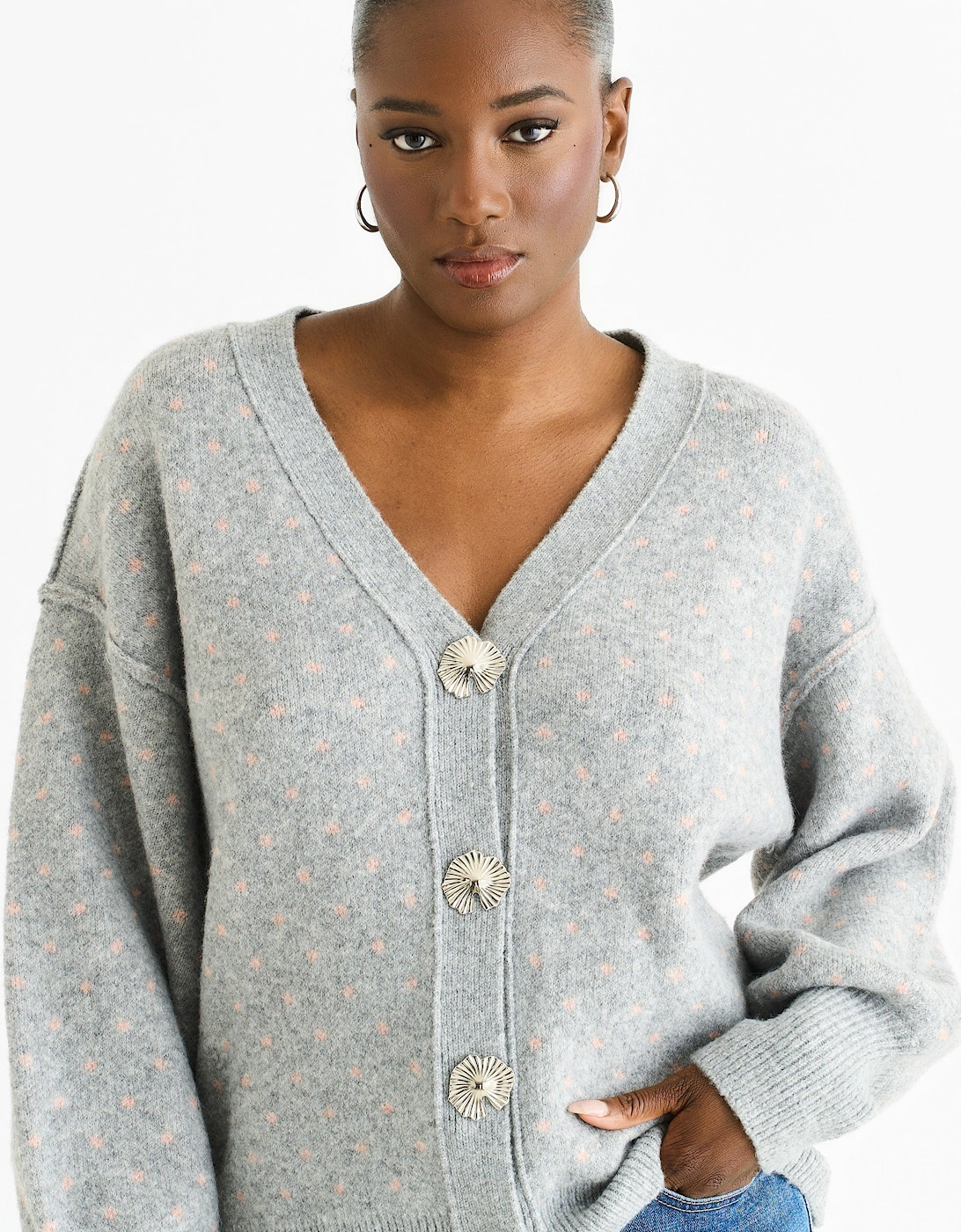 Gini London Women's Grey Spot Print Button Cardigan Look Jumper - Size 8/10